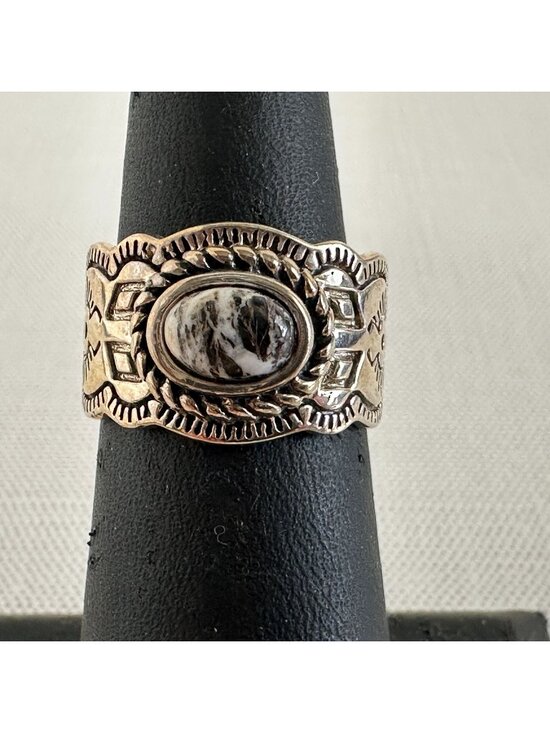 Jewelry - Southwestern Style Sterling Silver White Buffalo Stone Stamped Band Ring